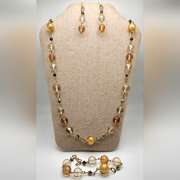 3 Piece Glass Gold Flakes Crystal Bead Set Necklace Earrings Bracelet Boho - Picture 1 of 7